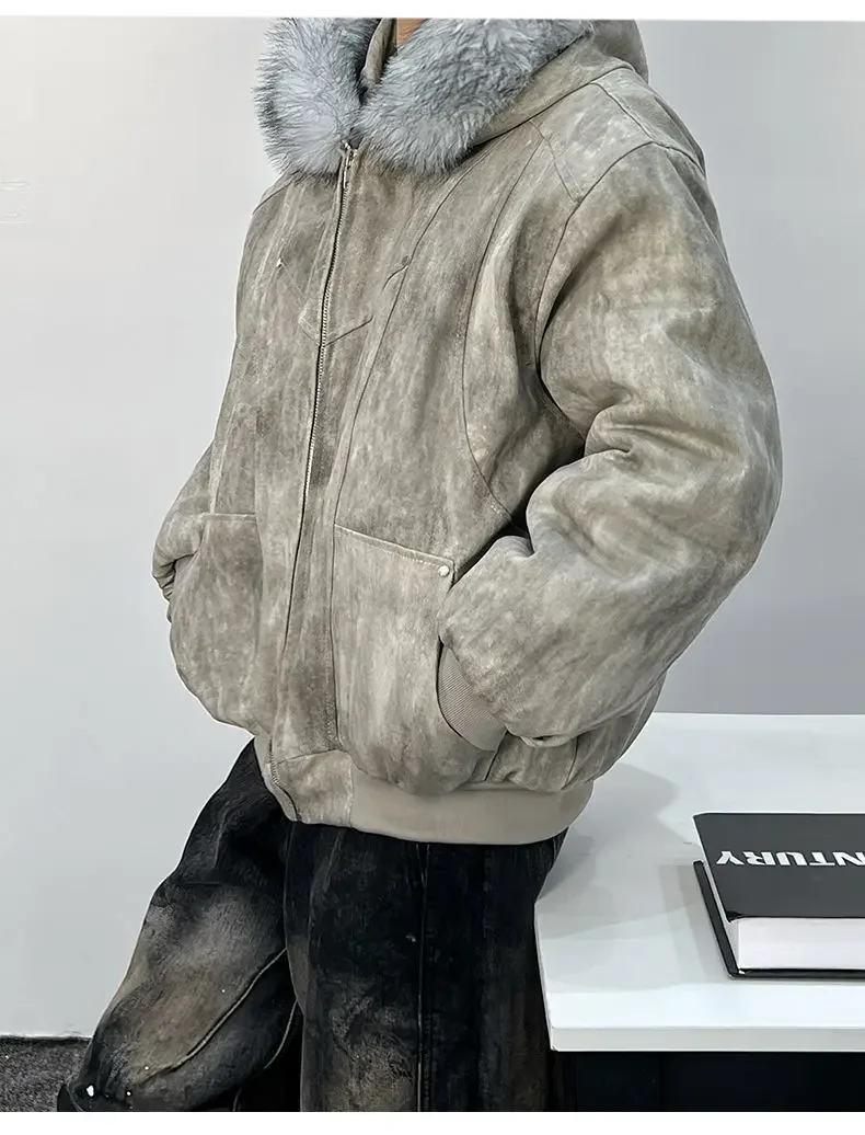 Y2K Cotton jacket with fur collar eagle embroidered and tie-dyeed winter men's design outdoor jacket thick and comfortable