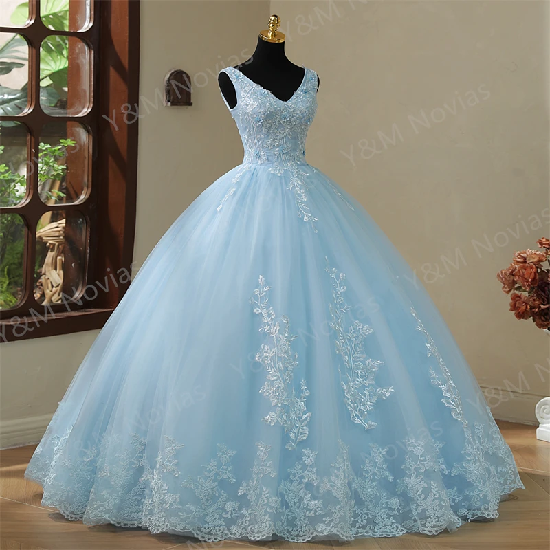 New V Neck Purple Quinceanera Dresses Sweet Flowers For Party Lace Ball Gown Fashion Classic Vestidos Color Plus Size