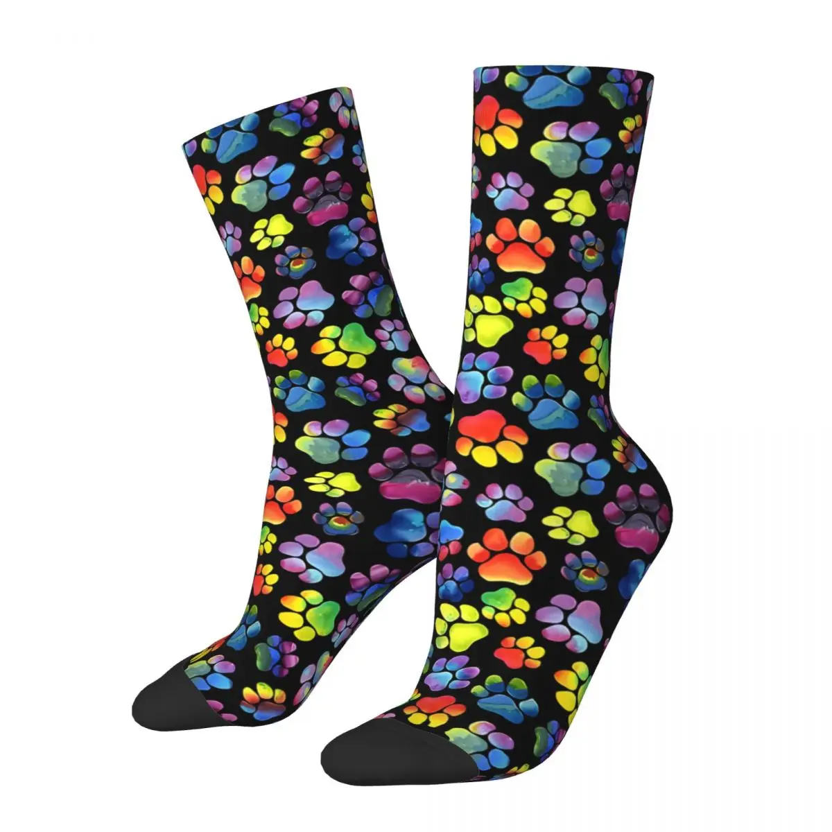 

Rainbow Watercolor On Black Paw Print Pattern Unisex Winter Socks Windproof Happy Socks street style Crazy Sock