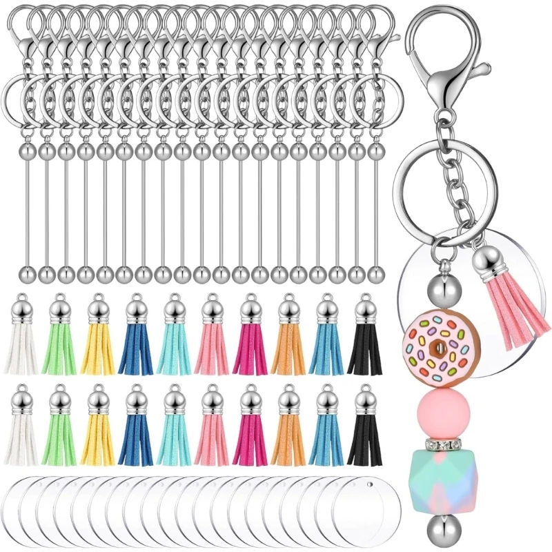 

20pcs/set Beadable Keychain Metal Blank Keychain with Tassels Acrylic Rings DIY