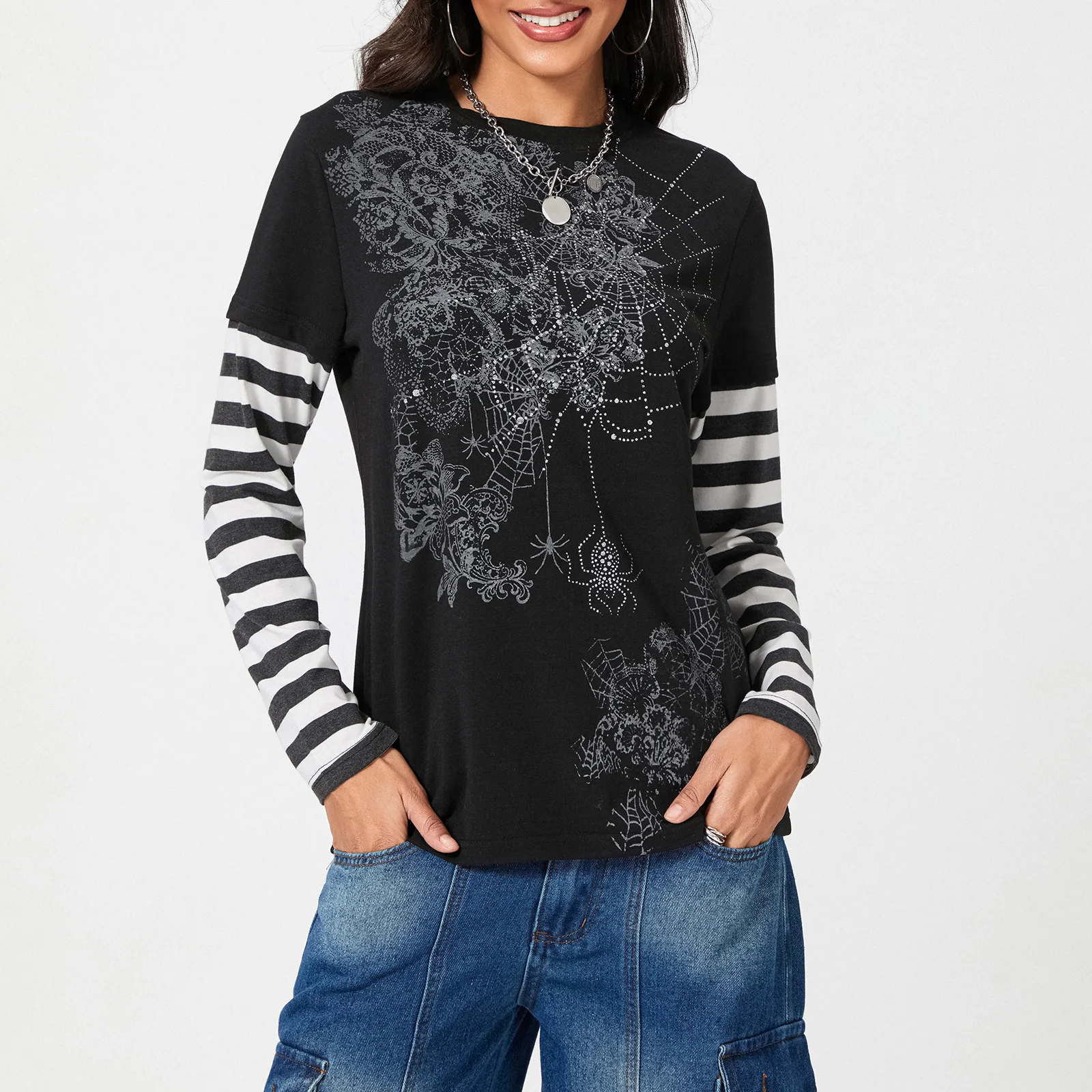 

Women's Long Sleeve T-shirt Crew Neck Cobweb Print Patchwork Ladies Spring Fall Tops Streetwear