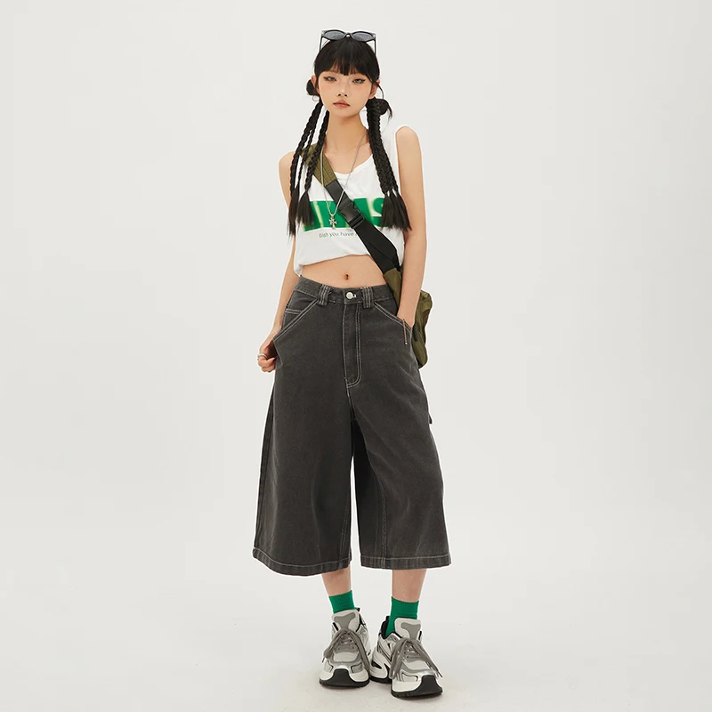 

Женские джинсы в стиле ретро, модные уличные джинсы Y2k, новинка 2024, мешковатые Широкие джинсовые короткие брюки, повседневные универсальные