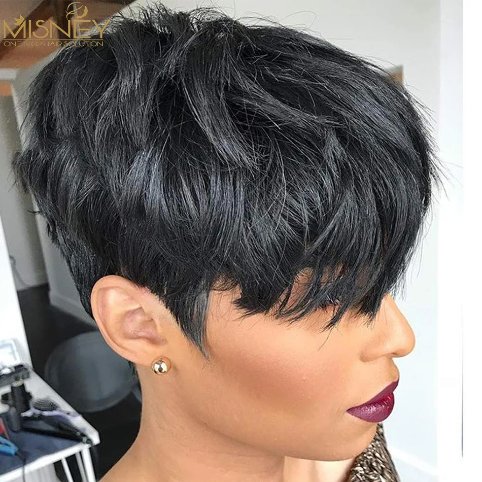 Human Hair Short Wigs Pixie Cut Wigs with Bangs Short Black Layered Wavy for Women 6inch 1B Color Full Machine Made