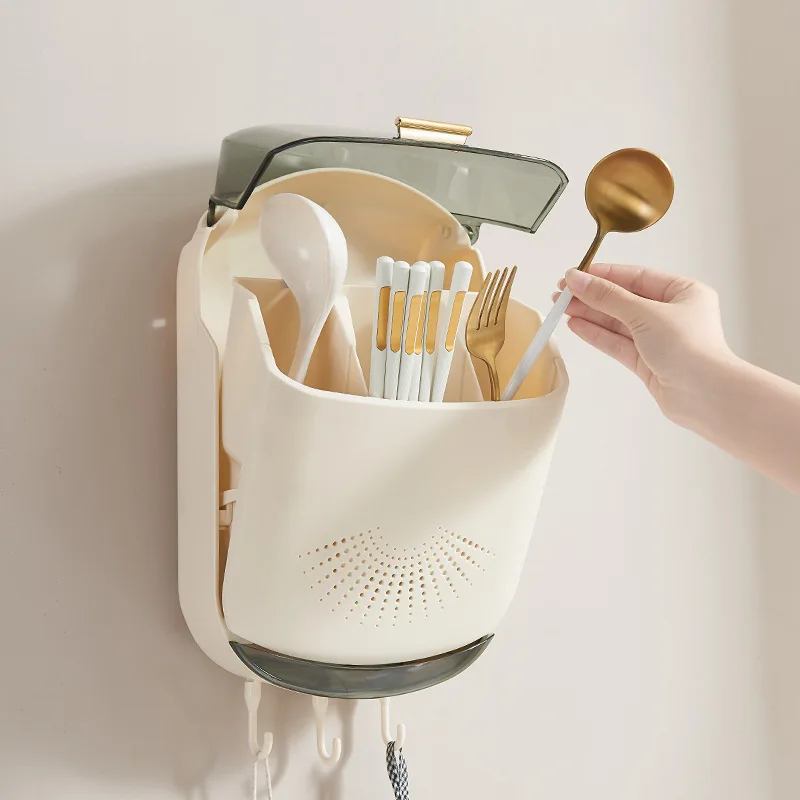 Wall-Mounted Dustproof Chopstick Holder Multi-functional Cutlery Holder Kitchen Knife Fork Spoon Container with Lid for Drainage 3