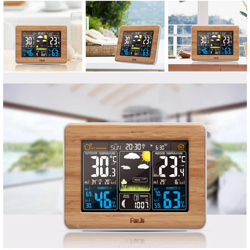 

FanJu FJ3365 Weather Station Air Pressure Forecast Alarm Indoor Outdoor Thermometer Hygrometer Wireless Multifunction Clock