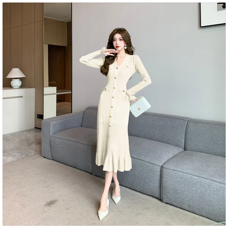 Autumn Solid Knitted Dresses for Women Single Breasted Chic Flared Sleeve Ruffles Hem Casual Female Office Elegant Robes