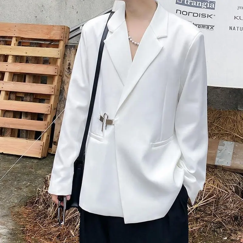 Autumn Korean White Suit with Men's Personalized Metal Buckle Design Korean Version Internet Famous High-end Suit