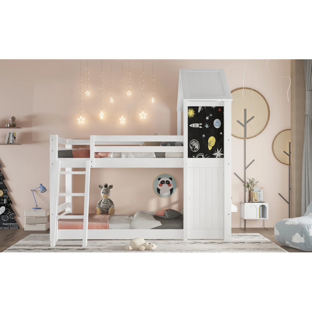Weißes Etagenbett 90 x 200 cm – Kiefer + MDF + PB + Sperrholz, 3-stufige Leiter- und Lattenrost, mit verspielter Dach, Fenster, sichere Schlafzimmermöbel – Detail 17