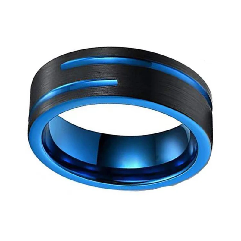 

Classic Men's 8mm Blue Tungsten Carbide Wedding Rings Middle Crosses Groove Beveled Edge Brushed Stainless Steel Rings For Men