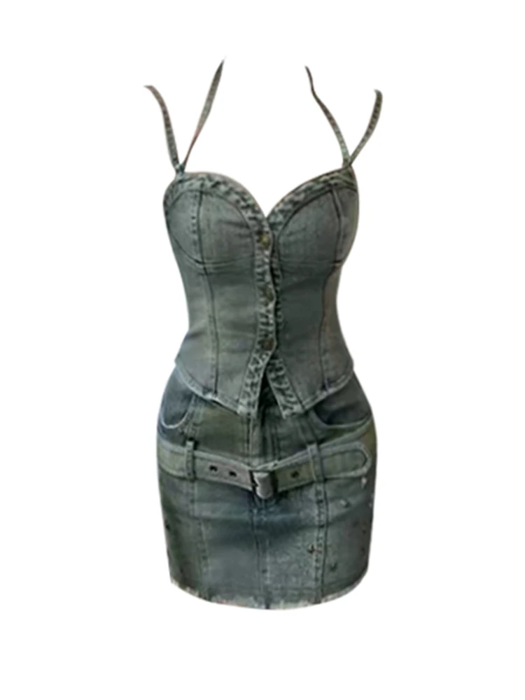 

Summer Women Korean Kpop Vacation 2000s Rave Night Club Denim Outfits 2 Piece Set Hot Camisole + Mini Jean Skirt Y2k Streetwear