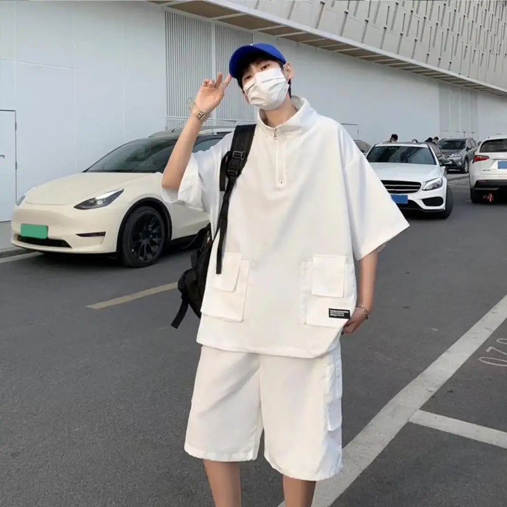 

2Pcs/Set Stand Collar Zipper Neckline Casual Outfit Half Sleeve Multi Pockets Wide Leg Solid Color Sweatshirt Tops Sport Suit