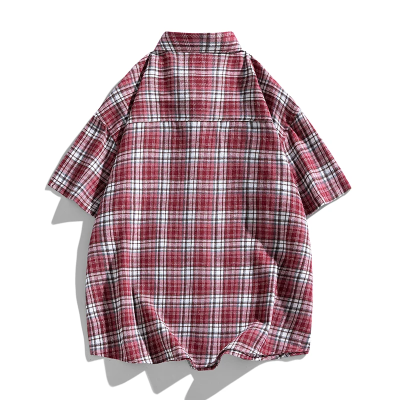 Summer New Men Plaid Shirt Short Sleeve Stripe Blouse Street Japan Style Loose Slim Fit Male Casual Retro Formal Shirt Unisex