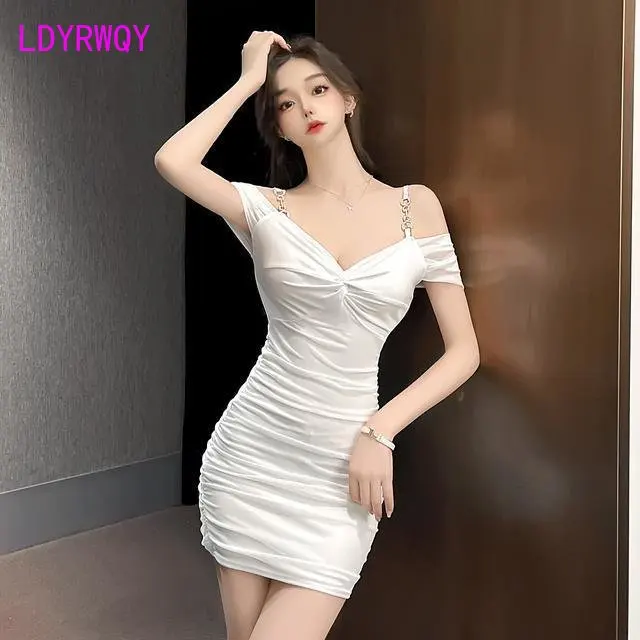 여성용 섹시한 플리츠 메쉬 드레스, 슬림 용수철, 여름 가을 기질 하의 멜빵, 엉덩이를 커버