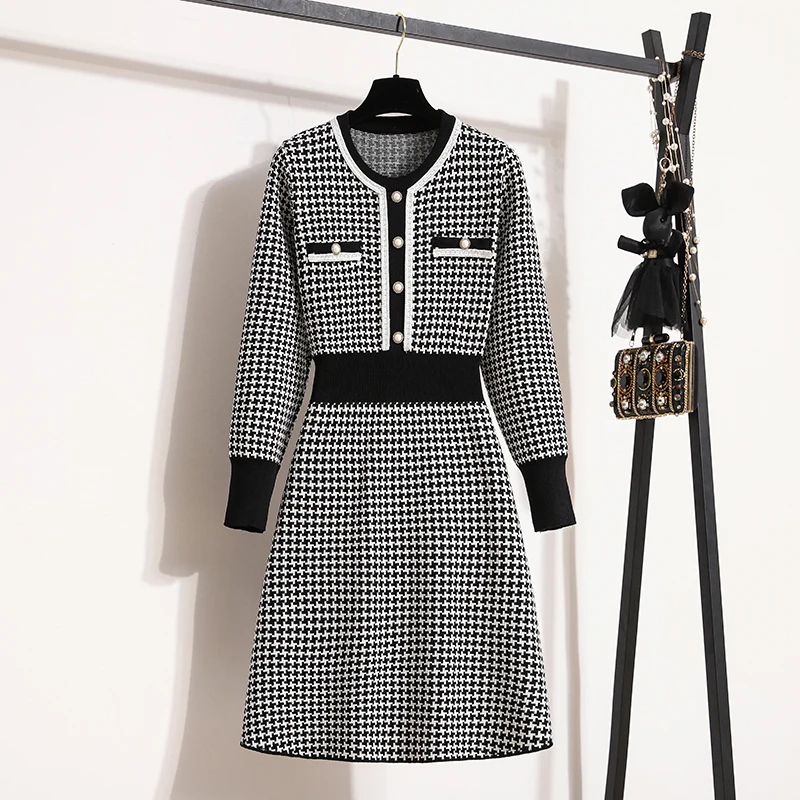 

Women's 2023 Autumn/Winter New Bird Lattice Knitted Dress Office Lady Slim Patchwork England Style Fashion Sweater Dress