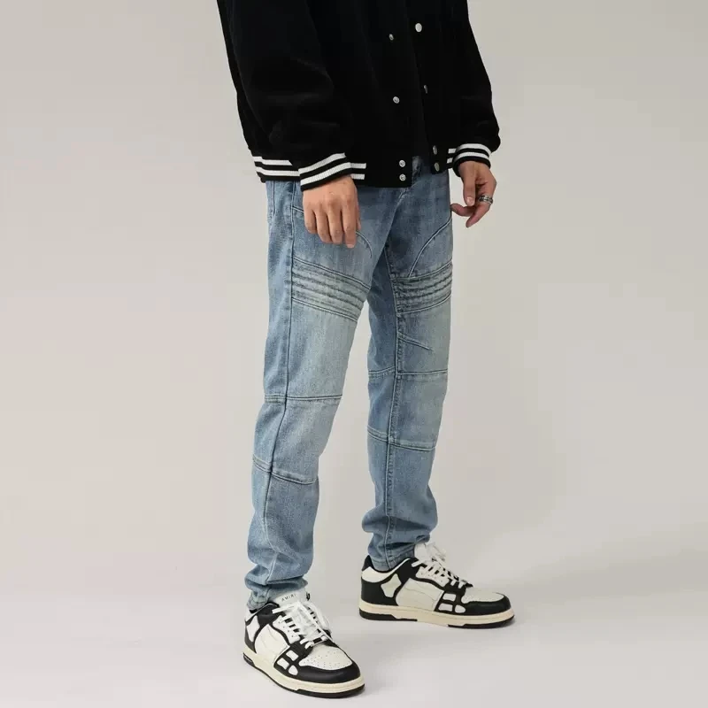 High Street Fashion Men Jeans Retro Light Blue Spliced Designer Biker Jeans Men Elastic Stretch Slim Fit Hip Hop Pants Hombre