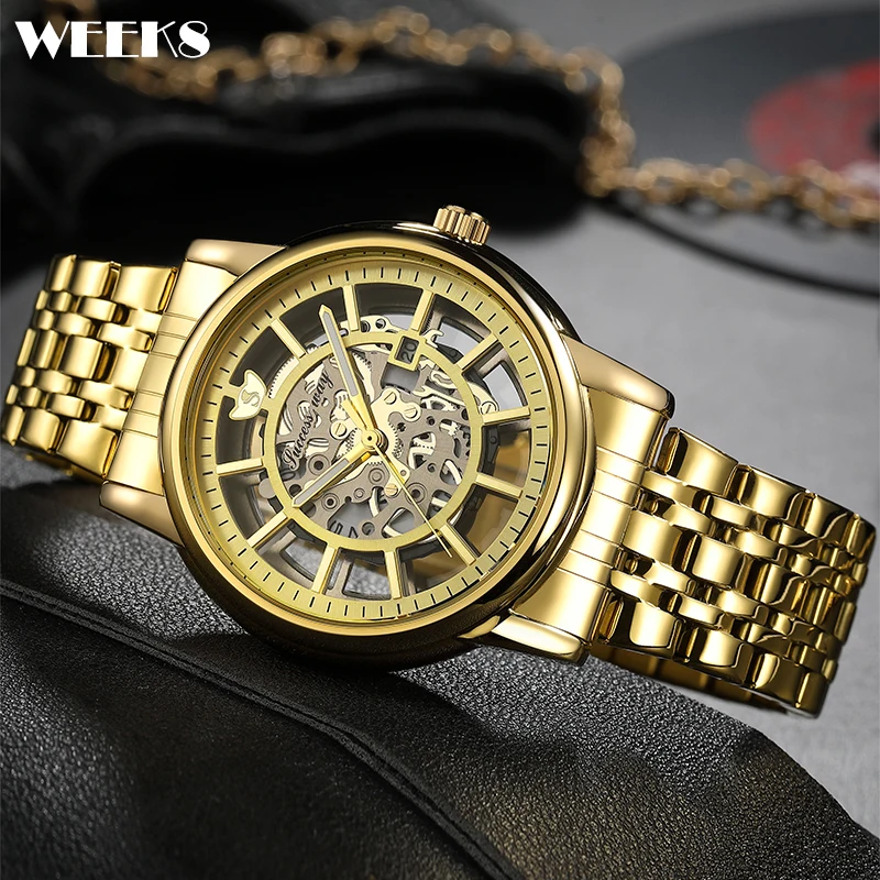 Luxury Skeleton Hollow Men Watches Steampunk Gold Quartz Watch not Mechanical Watch Stainless Steel Male Wristwatch Male Clock
