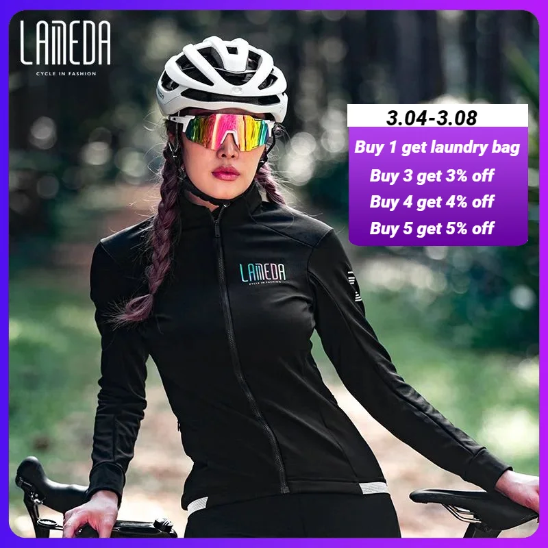 

LAMEDA Women Cycle Jersey Autumn Winter Windproof Fleece Thermal Bike Jersey Plush Coat Road Mountain Bike Top Long Sleeve