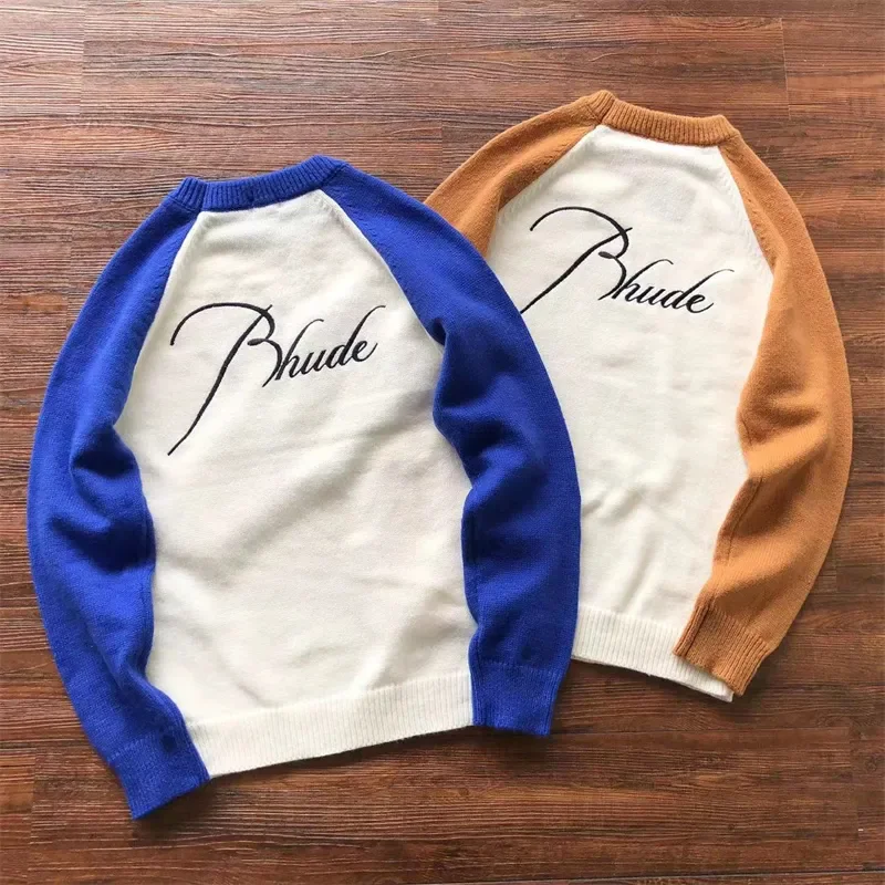 

Good Quality Rhude Patchwork Jacquard Embroidered Fashion Sweater Men Rhude Women Round Neck Knit Sweatshirts