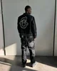 Gothic retro embroidered zipper denim jacket two-piece set for men Y2K hip-hop high street pocket straight wide leg couple jeans 2