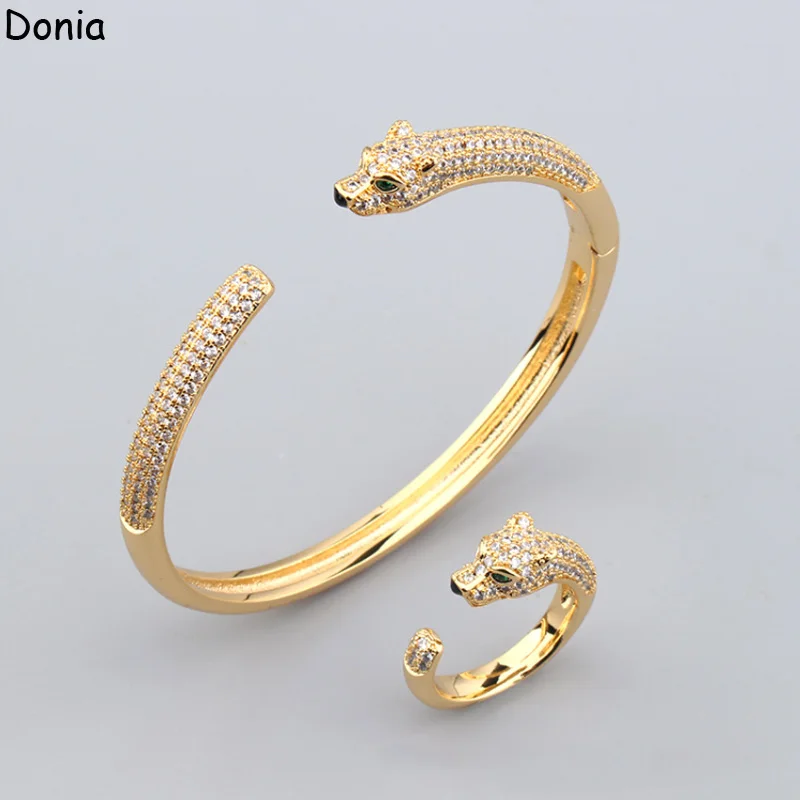 

Donia Jewelry New Creative Green Eye Leopard Titanium Steel Micro-Inlaid AAA Zircon Bracelet Ring Palace Luxury Suit