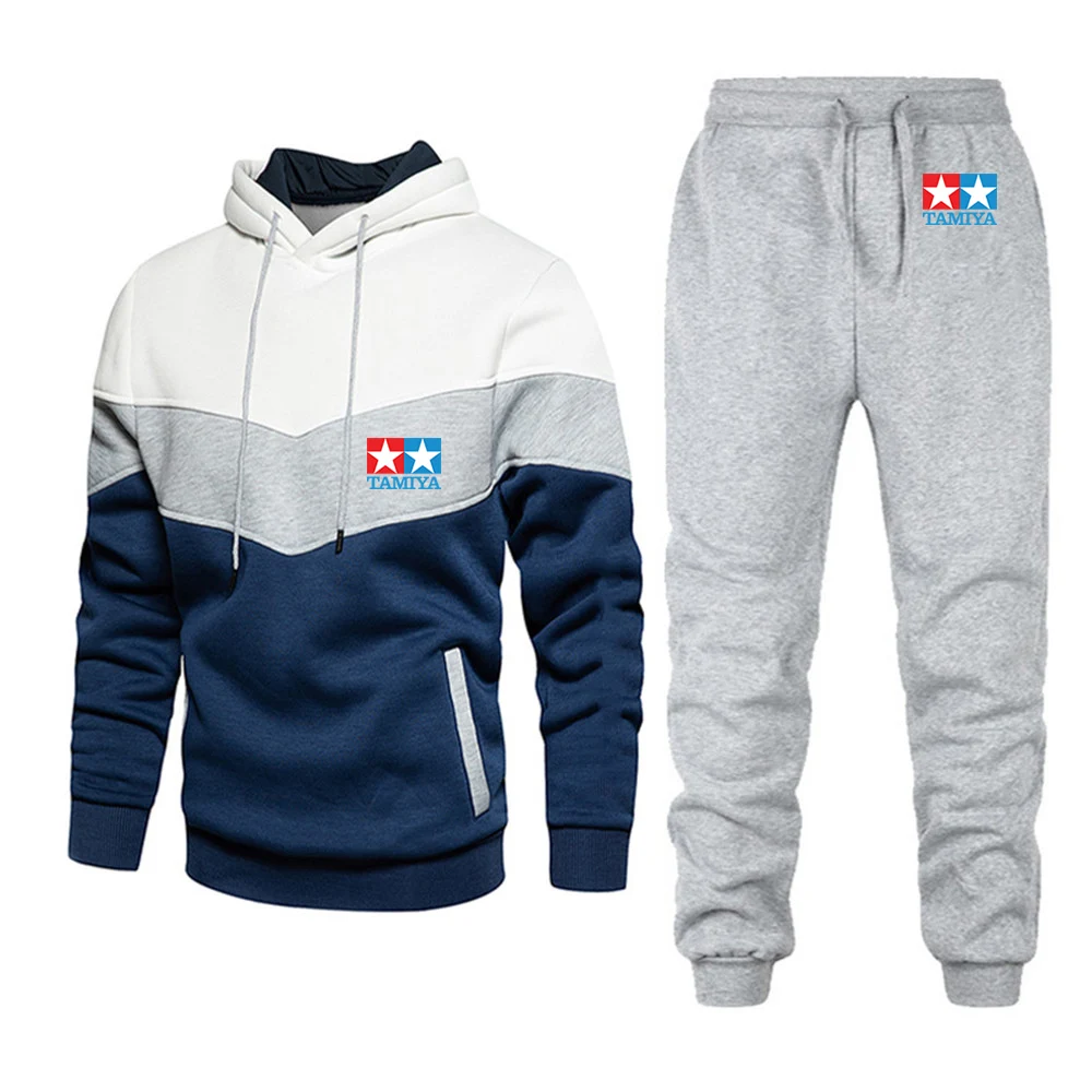 2024 Spring Autumn Men's TAMIYA Legendary 90 Car Toy Classic Printed Patchwork Striped Hoodies+Solid Color Casual Sweatpants Set 6