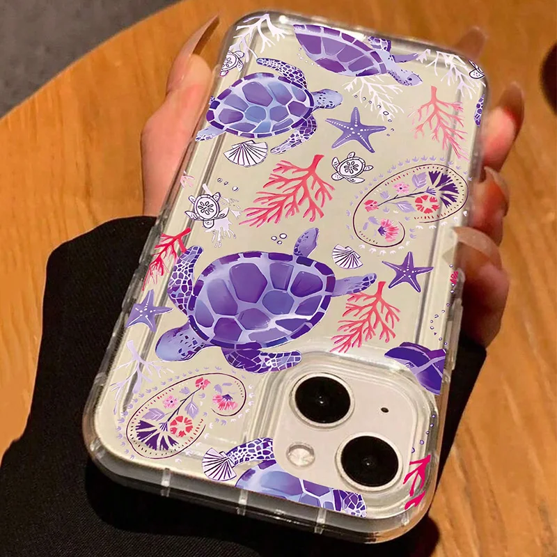 Chic Transparent Phone Case with Turtle Coral Seashell Design