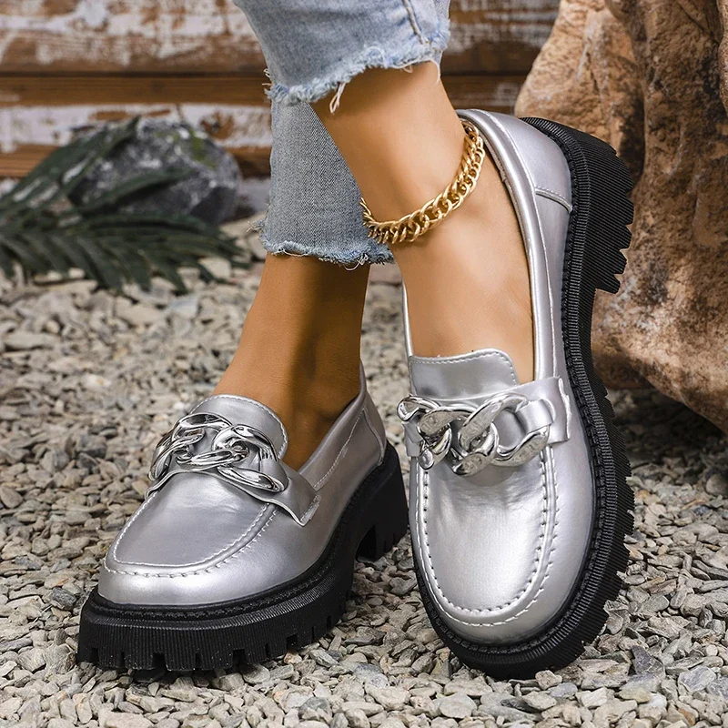 Women's Loafers New Thick Sole Chain Silver Shoes for Women 2025