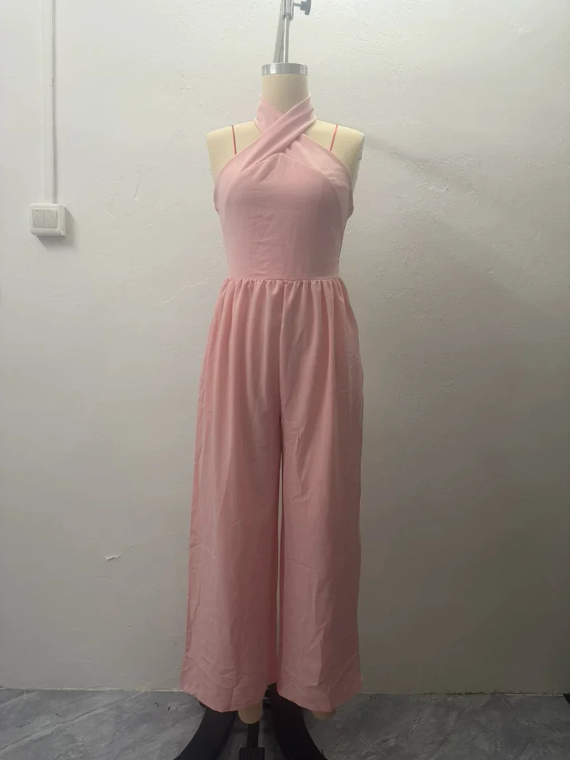 Women Summer Halter Backless Wide Leg Jumpsuit, Sleeveless Tie Waist Solid Color Elegant Long Jumpsuit for Party Beach Vacation