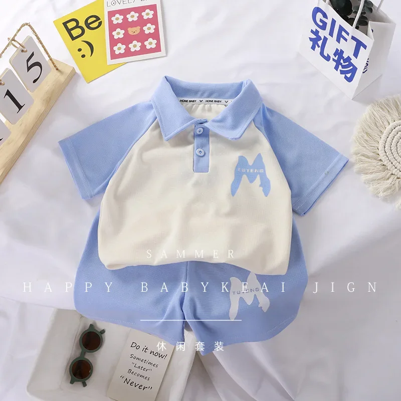 New Summer Kids Sports Clothes Sets Boys Girls Letter Print Short Sleeve Lapel Polo Shirt Top + Shorts Baby Casual Sports Suit