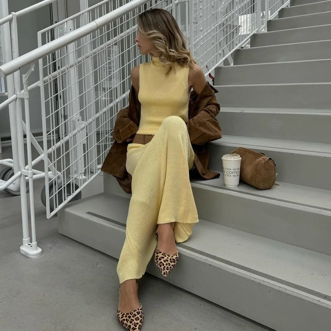 Elegant Sweater Two Pieces Set Sleeveless Knitted Turtleneck Vest High Waist Skirt Female Solid Slim Dress Sets 2025 New