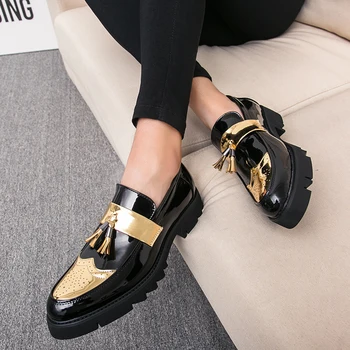 Fashion Golden Men's Casual Slip-On Tassel Patent Loafers Thick Bottom Elevator Shoes Men's Party Shoes Business Shoes Brogue 2