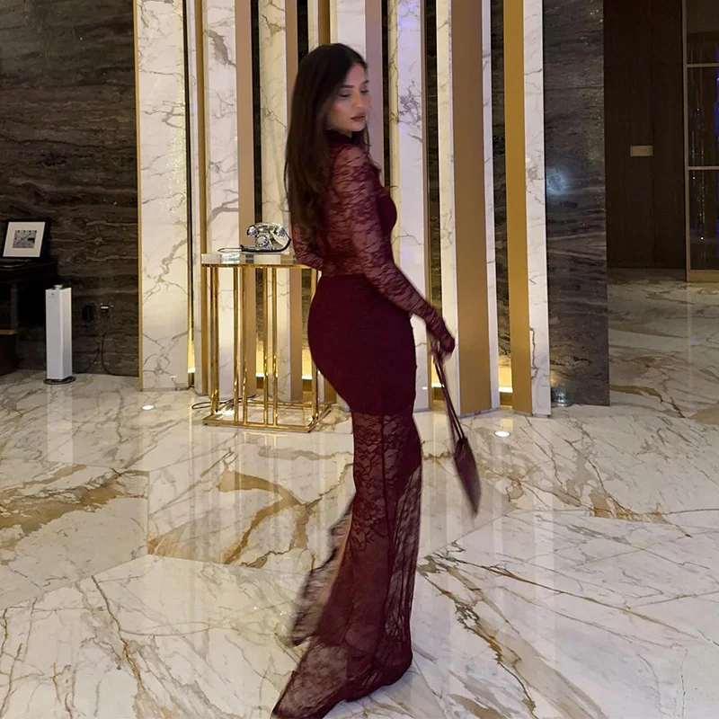 Vestidos largos sexis de encaje con retazos para mujer, vestido de fiesta ajustado con cuello alto y aberturas, vestido transparente ajustado para primavera 2025, nuevo