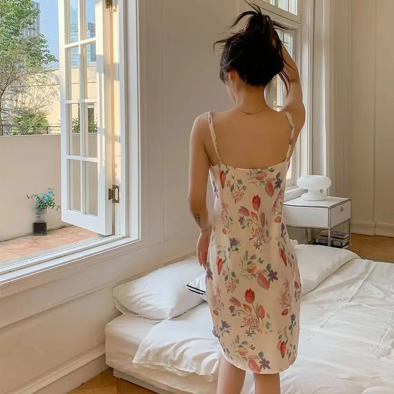 Female Pajamas Set V-neck Slip Dress Tulip Pattern Print Nightgown Ice Silk Sleepwear Leisure Home Clothing for Women in Summer