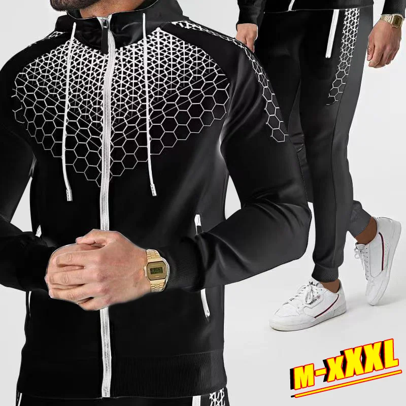 

Spring Autumn New Brand Sports Printed Hoodie Set For Men Luxury Fleece Zip Casual Designer Sportswear Men's Suits Clothing