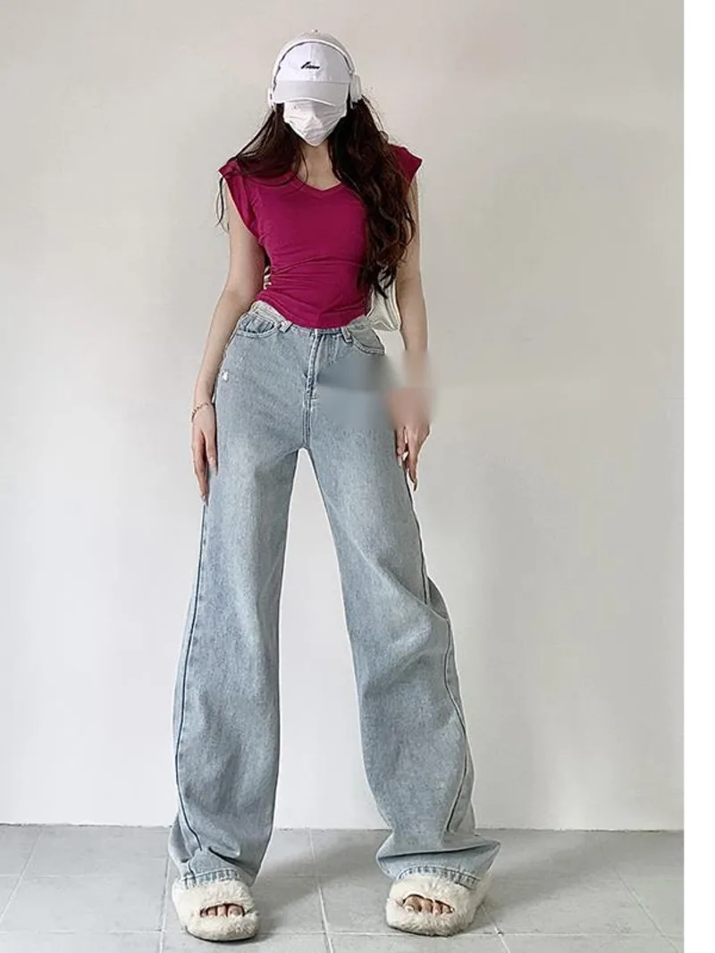 

TVVOVVIN 2023 Summer New Straight Barrel High Waist Jeans Women's Washed Old Wide Leg Pants Girls Show Thin Pants HMLW
