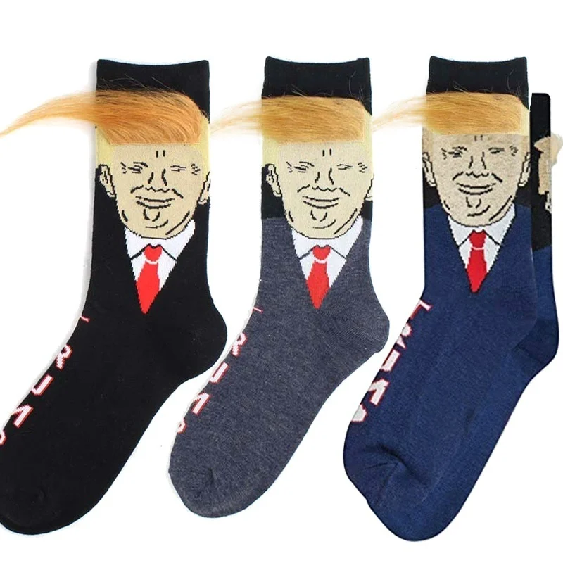 Chaussettes Donald Trump poils 3D faux cheveux crew originales humour politique homme femme collection