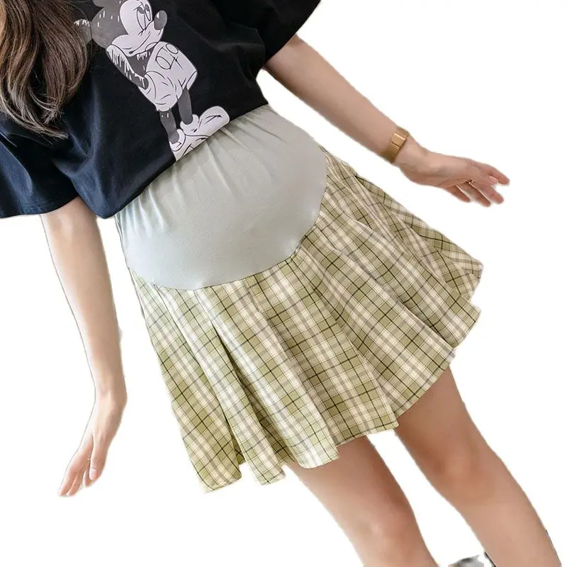 Summer Pregnant Women Belly Skirts Summer Fashionable Plaid Skirt High Waist Maternity Pleated Skirts Pregnancy Short Skirt