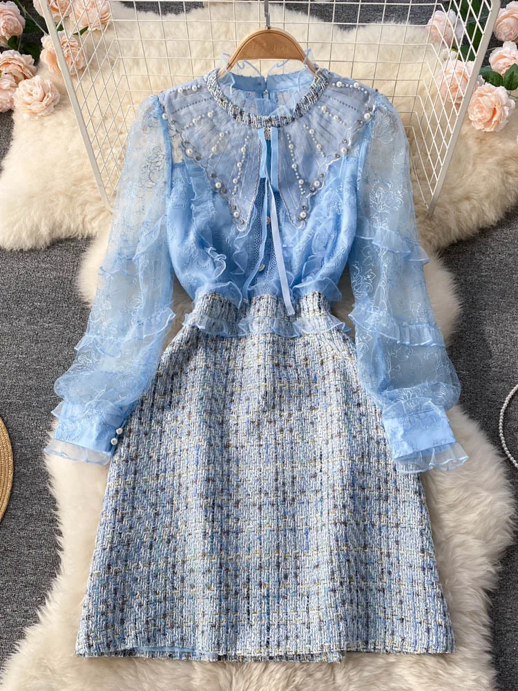 

Autumn Fashion Runway Mesh Embroidery Patchwork Sequins Tweed Dress Women's Ruffles Luxious Beading Party Dresses Vestidos