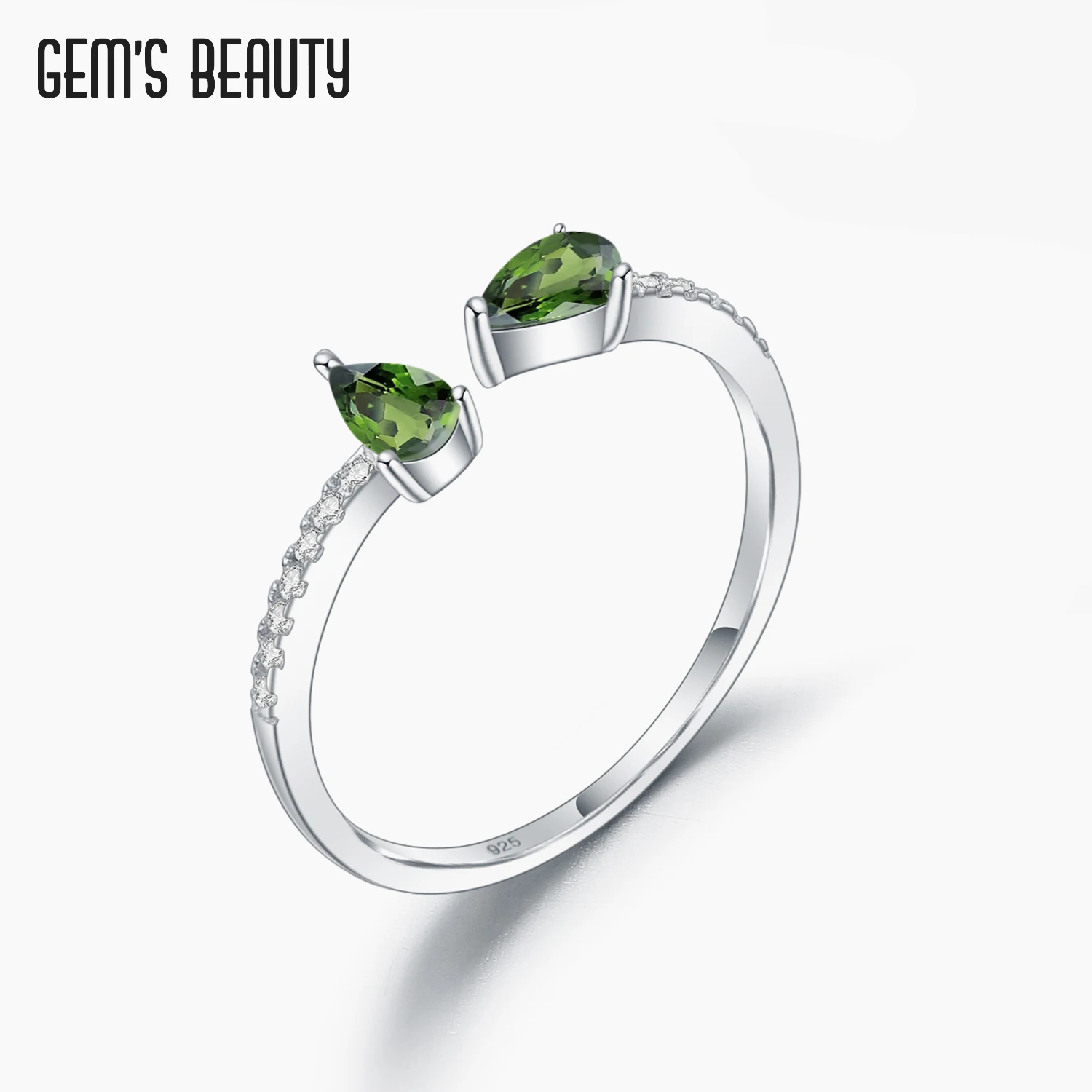

Gem's Beauty Pear Cut Natural Chrome Diopside Rings 925 Sterling Silver Exquisite Adjustable Open Rings For Women Fine Jewelry