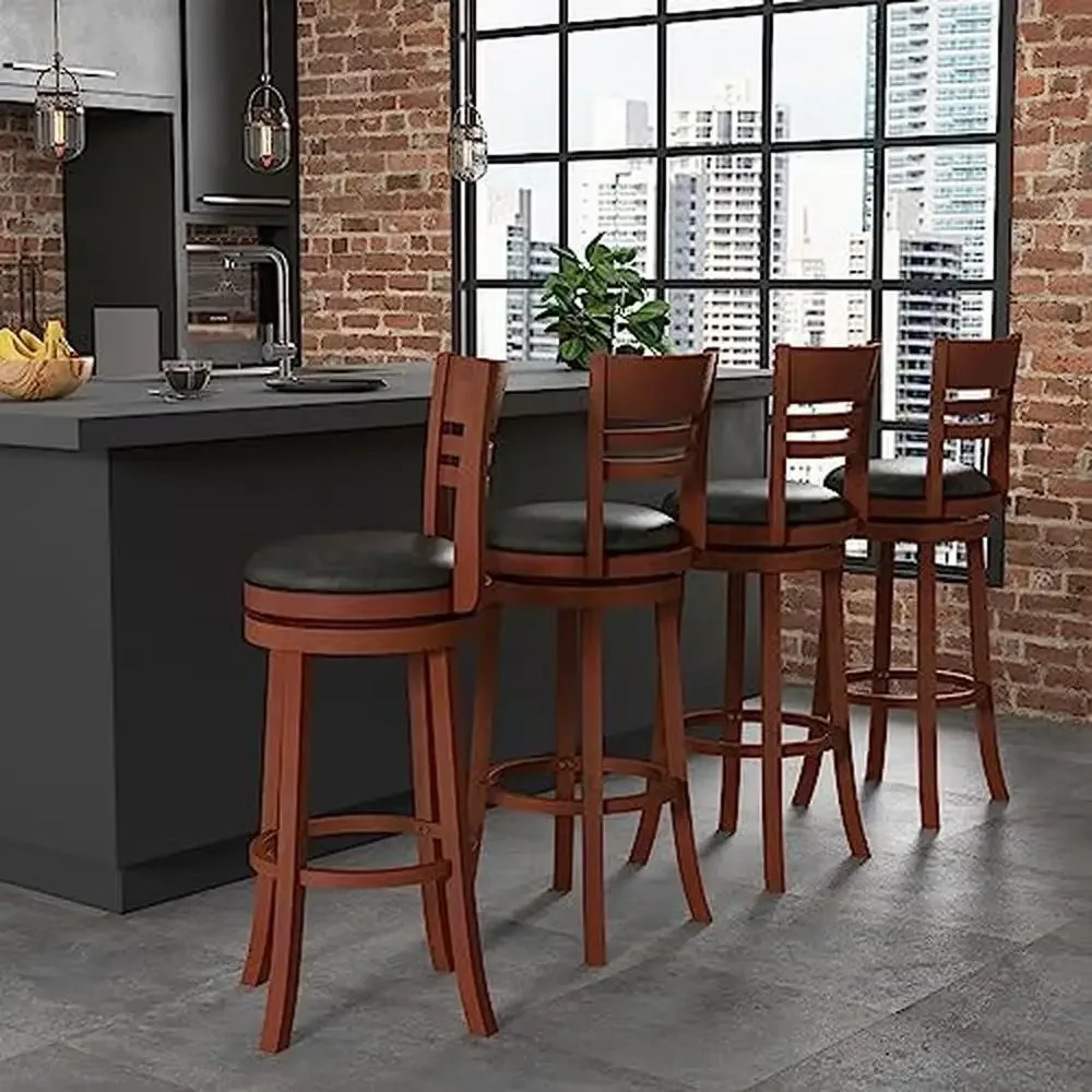 360 Swivel Bar Stools with PU Upholstered Seats Solid Wood Backrests & Footrests Bar Height Chairs Retro Style Home Kitchen