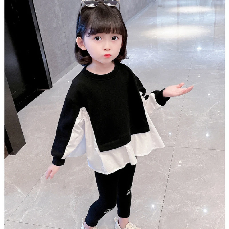 

Girls Black and White Color Matching Top + Smiling Face Leggings 2-piece Suit 2023 Spring New Children's Leisure Two-piece Set