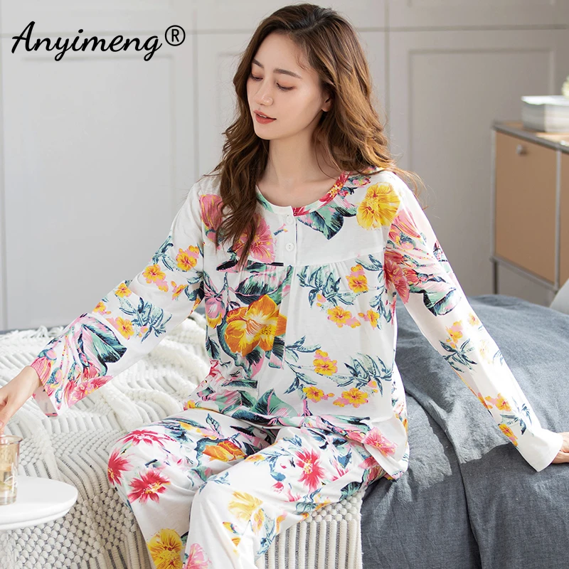 Plus Size M-4XL Pajamas for Women Autumn Winter Pajamas Set Floral Print Homewear Fashion Casual Modal Pajama for Girl - Image 5