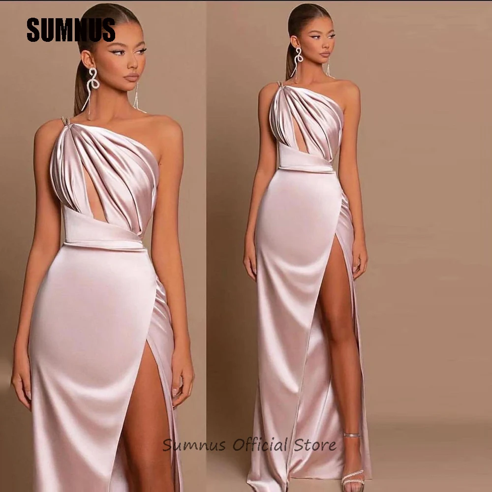 

SUMNUS Sexy Pink Satin One Shoulder Party Dresses Elegant Pleats Side Slit Evening Prom Dress Simple Floor Length Event Gowns