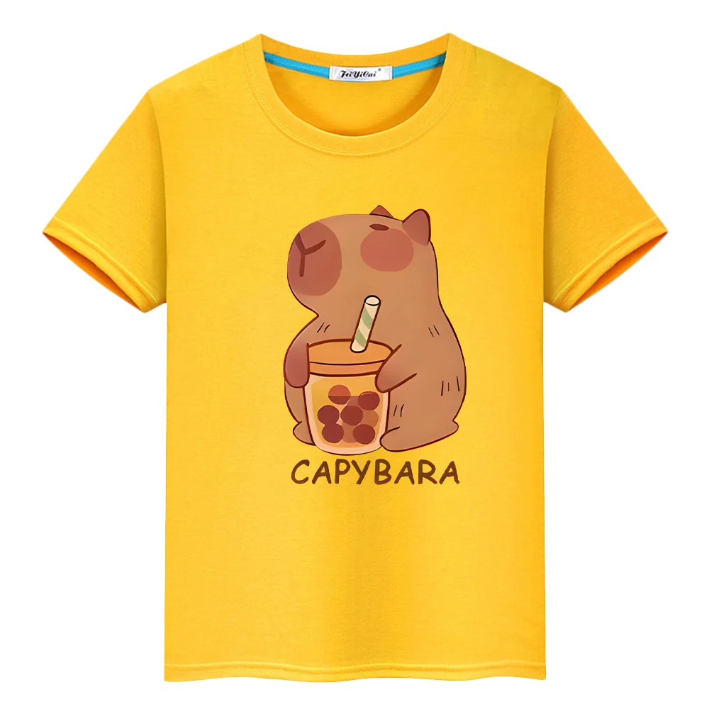 Capybara drinks milk tea print anime Short t shirt for kids boy 10year y2k one piece 100%Cotton Tops pride tshirt girls clothes 6