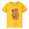 Capybara drinks milk tea print anime Short t shirt for kids boy 10year y2k one piece 100%Cotton Tops pride tshirt girls clothes 6