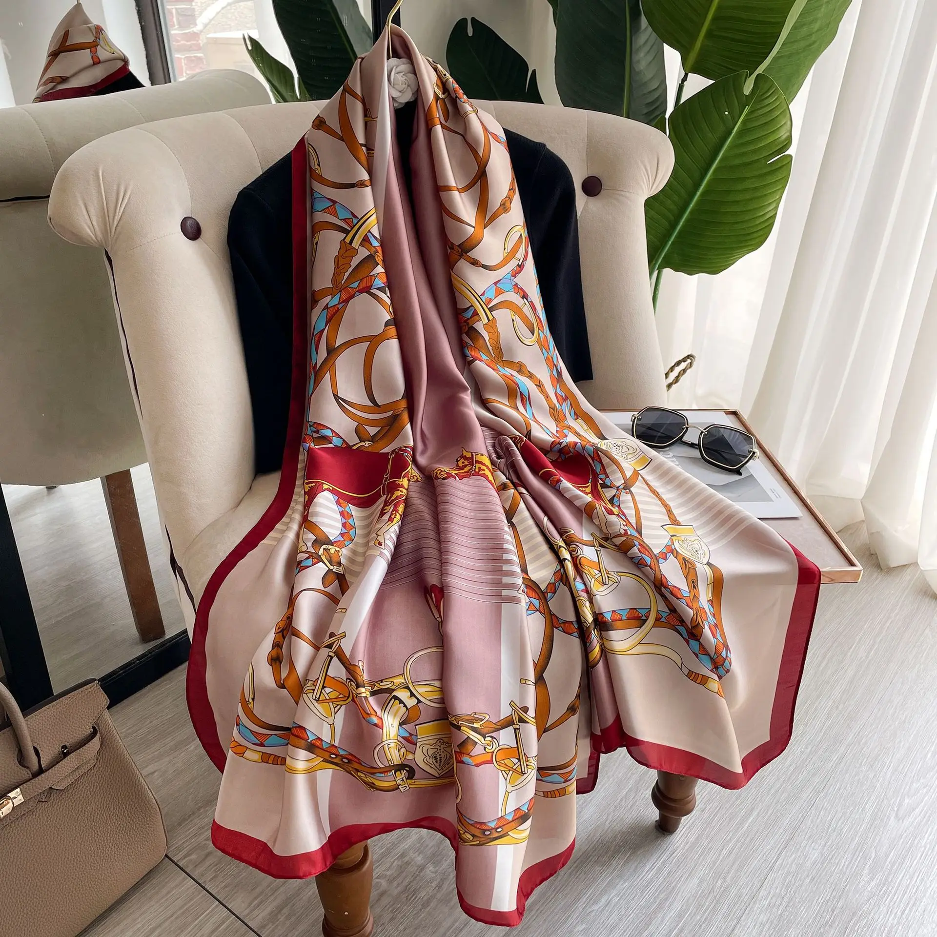 S6f9dfa423a174bcbaf2ac4e88ccef2c5Q 180x90cm Large Silk Satin Scarf Hijab Women Print Spring New Shawl Wrap Female Hand Foulard Pashmina Mallzona
