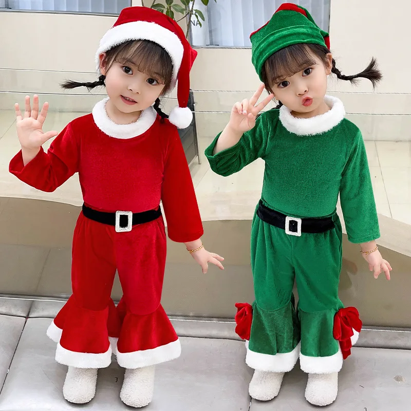 

Children's Christmas Cosplay Costume Girls New Year Clothing Kids Child Halloween Carnival Party Role Play Top Pants Hat Outfit