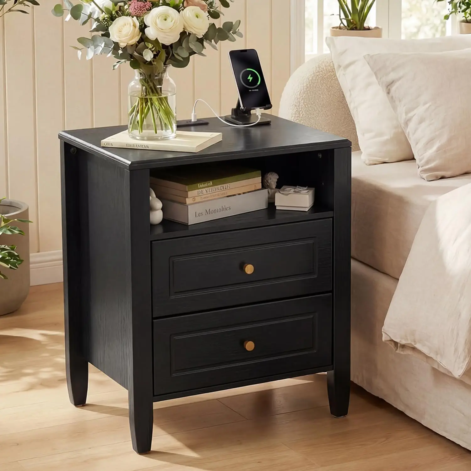 Nightstand with Charging Station 2 Drawers and Open Shelf Modern Bedside Table End Table with USB Type C Port AC Outlet Farmhouse Storage Cabinet for Bedroom Living Room Dorm Black 1