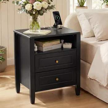 Nightstand with Charging Station 2 Drawers and Open Shelf Modern Bedside Table End Table with USB Type C Port AC Outlet Farmhouse Storage Cabinet for Bedroom Living Room Dorm Black 1