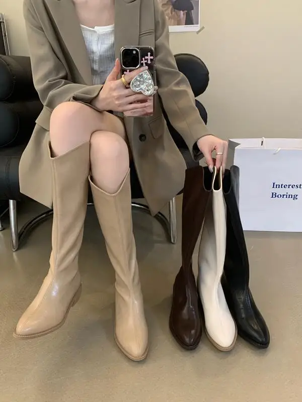 

2023 New Autumn Winter Women Long Boots Fashion Pointed Toe Ladies Elegant Knee High Boots Square Low Heeled Knee Boot